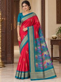 Front model styling view of a red Semi Paithani saree with teal zari border and contrast pallu.