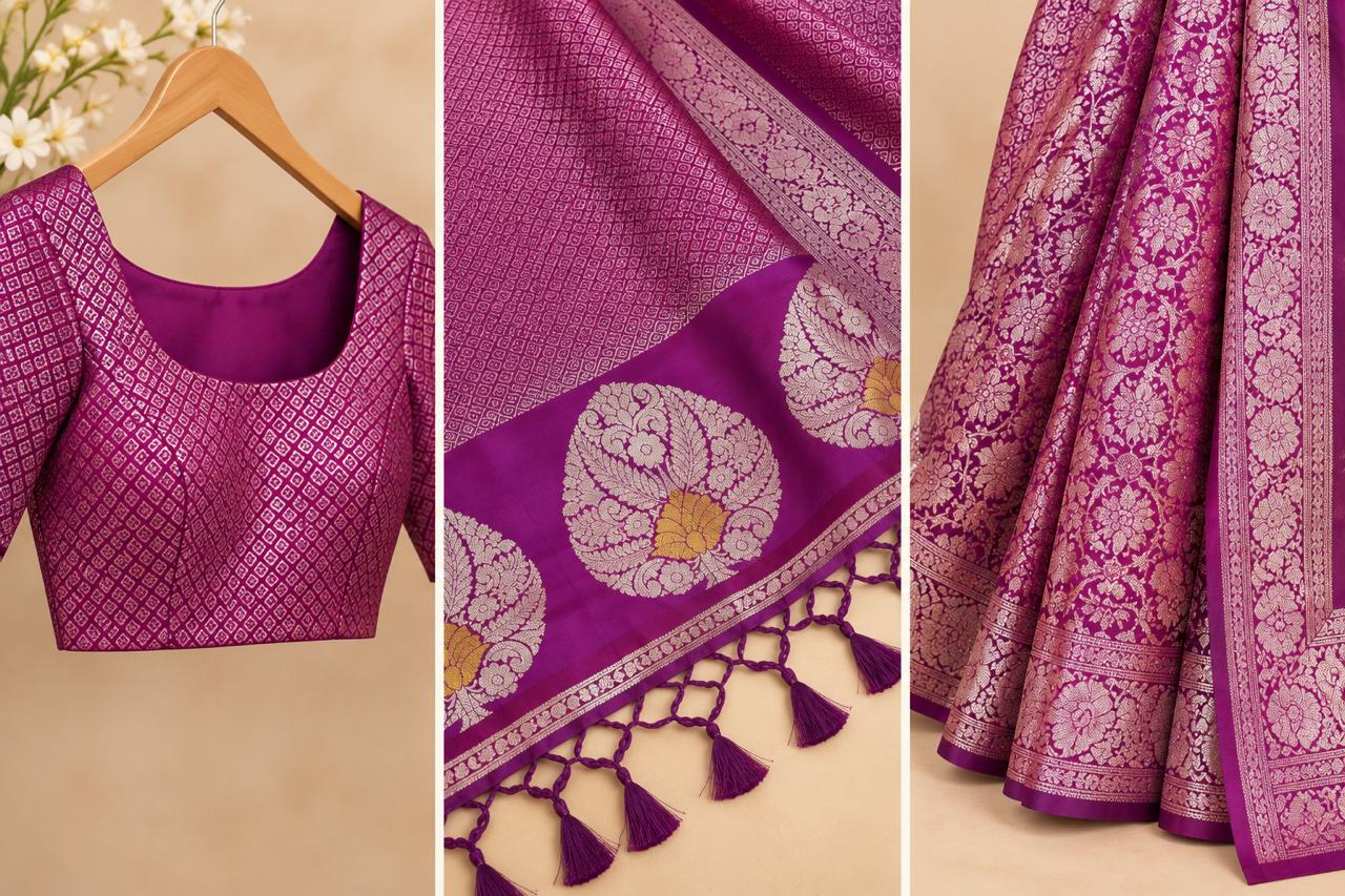 Purple Semi Banarasi Silk Saree with Zari Work - Image 2