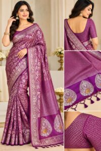 Purple Semi Banarasi Silk Saree with Zari Work and Matching Blouse Material