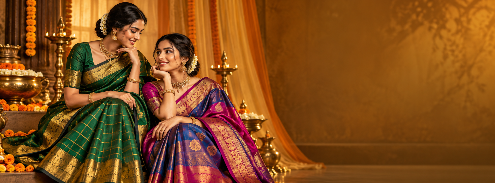 Two women wearing blue and plum Banarasi sarees