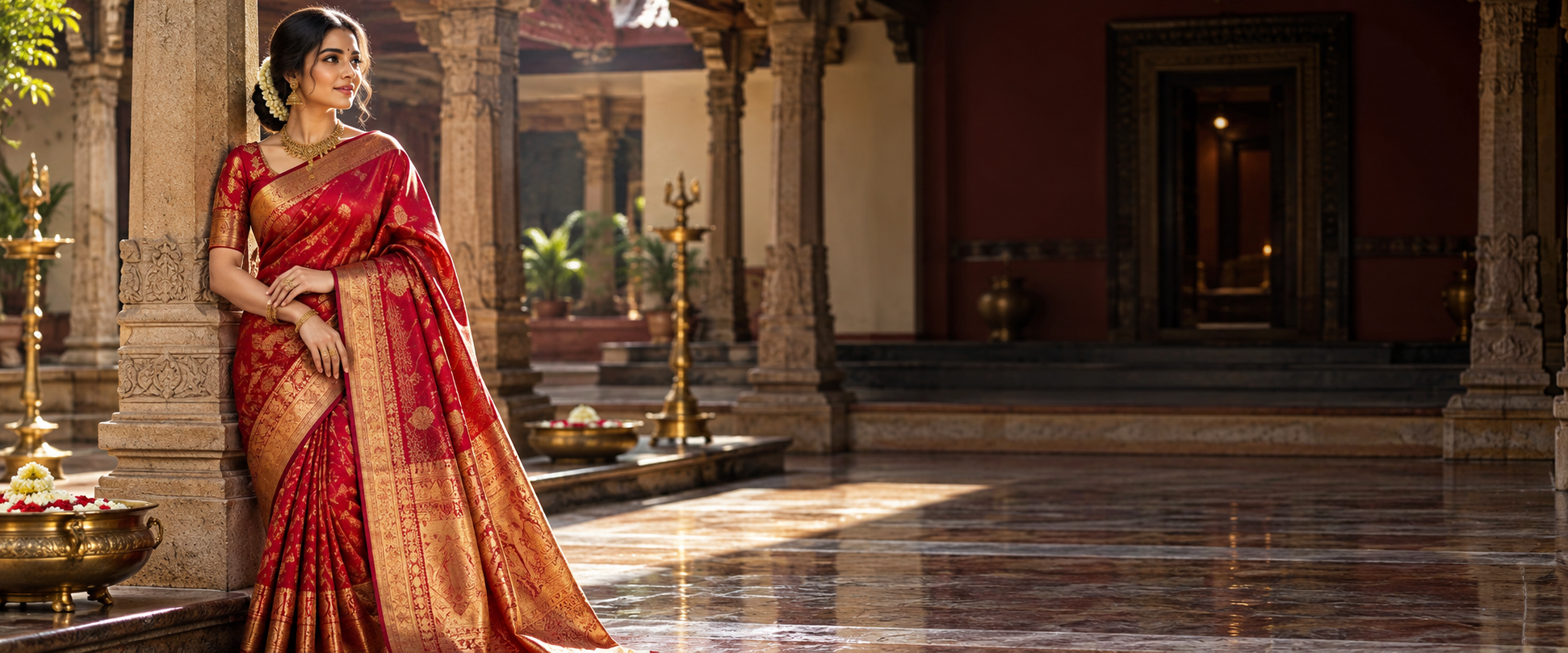 Woman wearing a red Kanchipuram silk saree