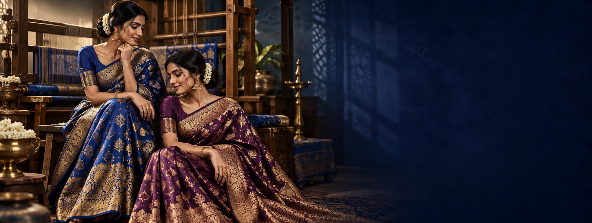 Two women wearing festive silk sarees