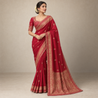Model wearing a crimson-red Dola silk saree with gold butis, a woven paisley pallu and a matching embroidered blouse.