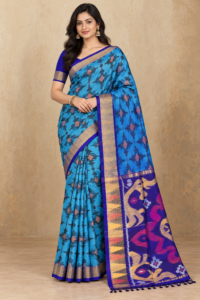 Model wearing a blue cotton semi Patola saree with a violet patterned pallu draped forward.