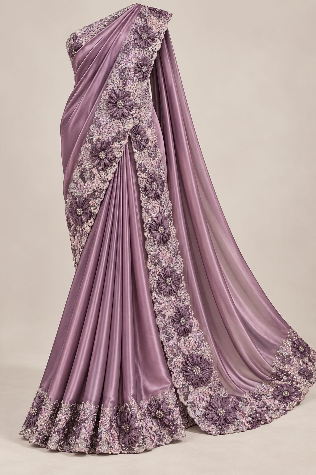 Mauve crepe satin silk ready-to-wear saree with pleats and floral hem border.
