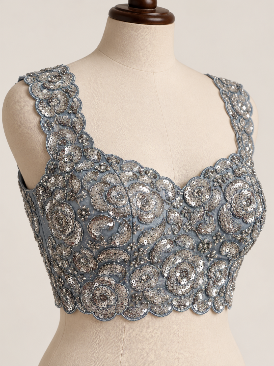 Ice Blue Ready-to-Wear Saree with Stitched Sequin Blouse - Image 3