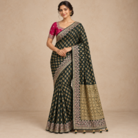 Model wearing a deep green georgette silk saree with gold butis, a floral woven pallu and a contrasting magenta blouse.