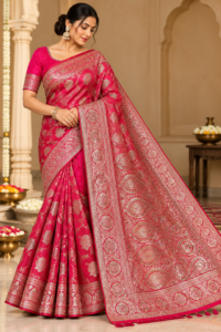 Rani pink Banarasi silk saree with golden zari floral motifs, rich pallu and matching blouse material