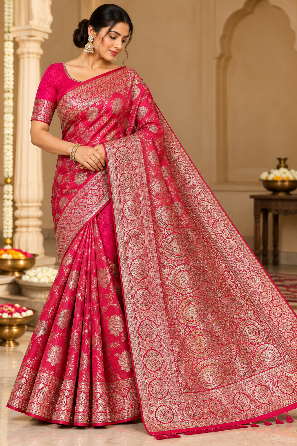 Rani pink Banarasi silk saree with golden zari floral motifs, rich pallu and matching blouse material