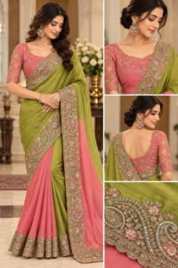 Model wearing olive green and peach pink designer saree with intricate gold-toned floral and paisley embroidered border and matching pink embroidered blouse design.