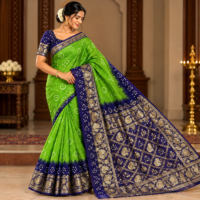 Parrot green and navy blue Bandhani saree with golden zari floral border and richly patterned navy blue pallu displayed on a female model.