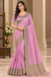 Satin Designer Saree with Golden Zari Border & Embroidered Blouse Material