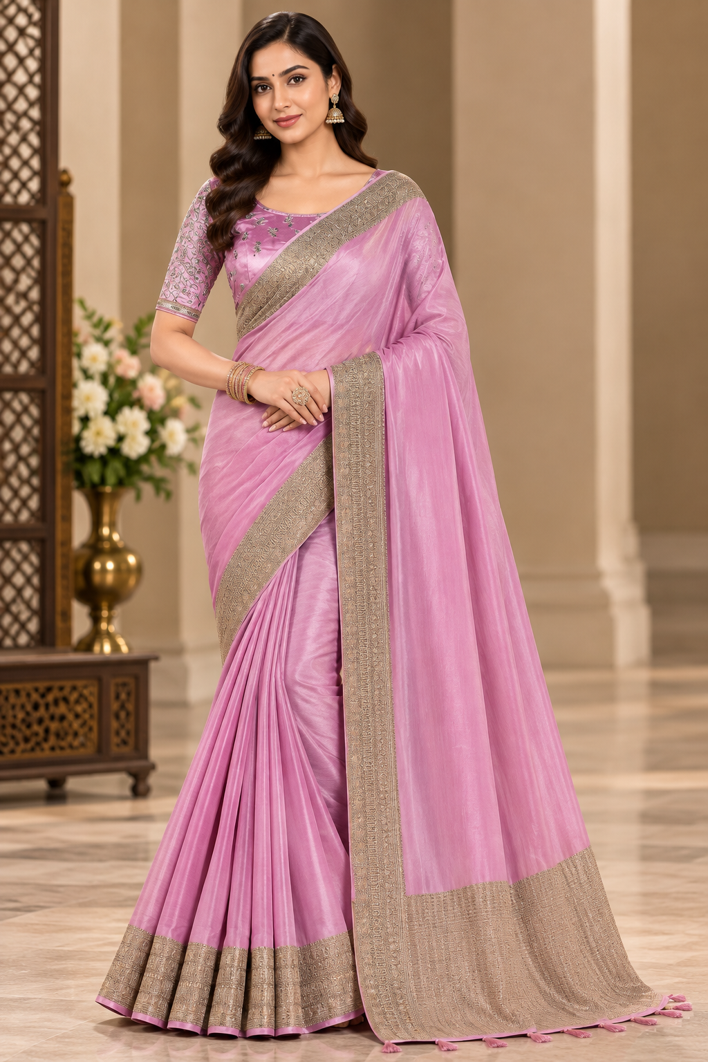 Satin Designer Saree with Golden Zari Border & Embroidered Blouse Material