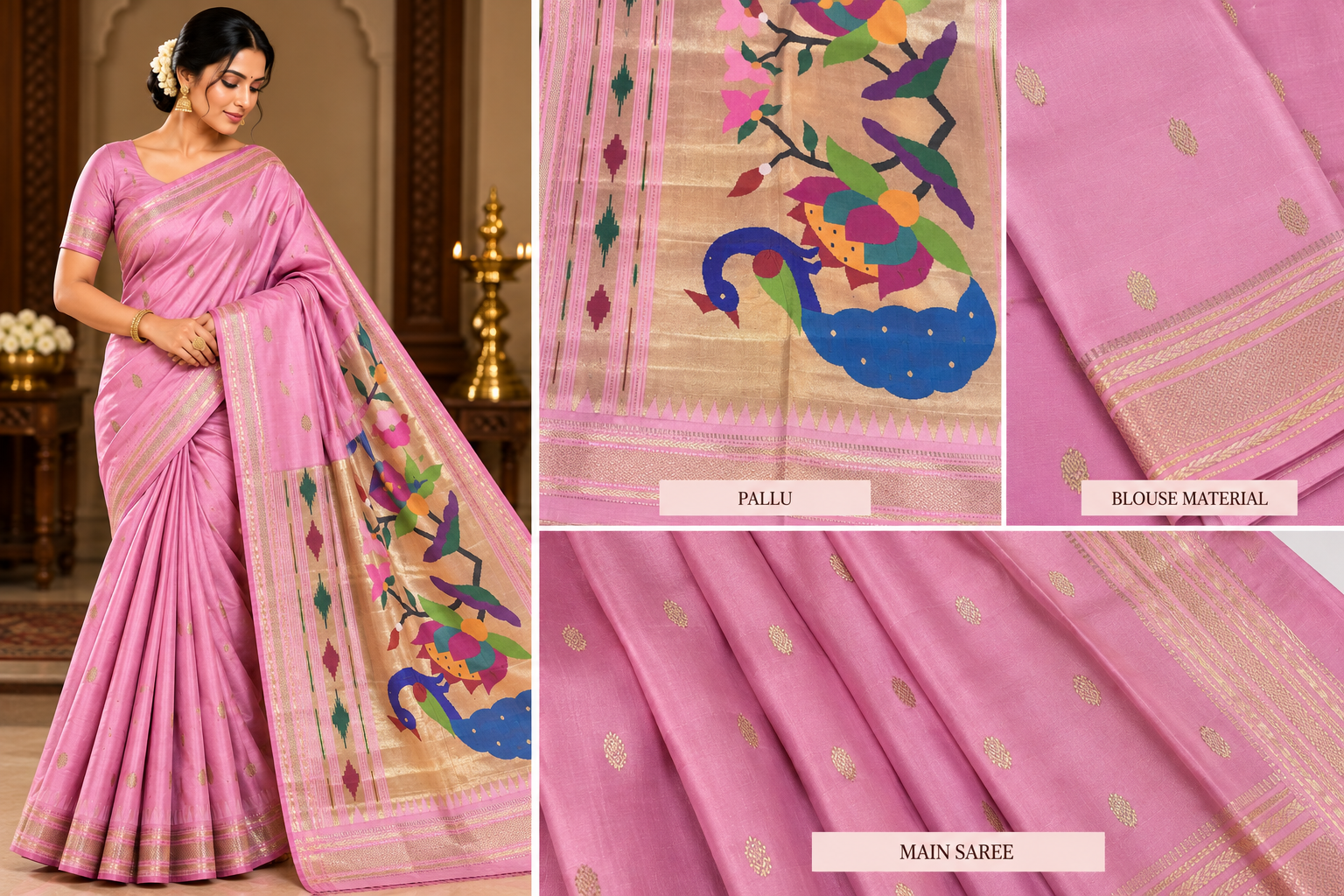 Royal Blush Pink Pure Silk Paithani Saree with Peacock Pallu - Image 2