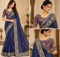Model wearing royal navy blue designer saree with gold-toned floral embroidered border and matching embroidered blouse design.