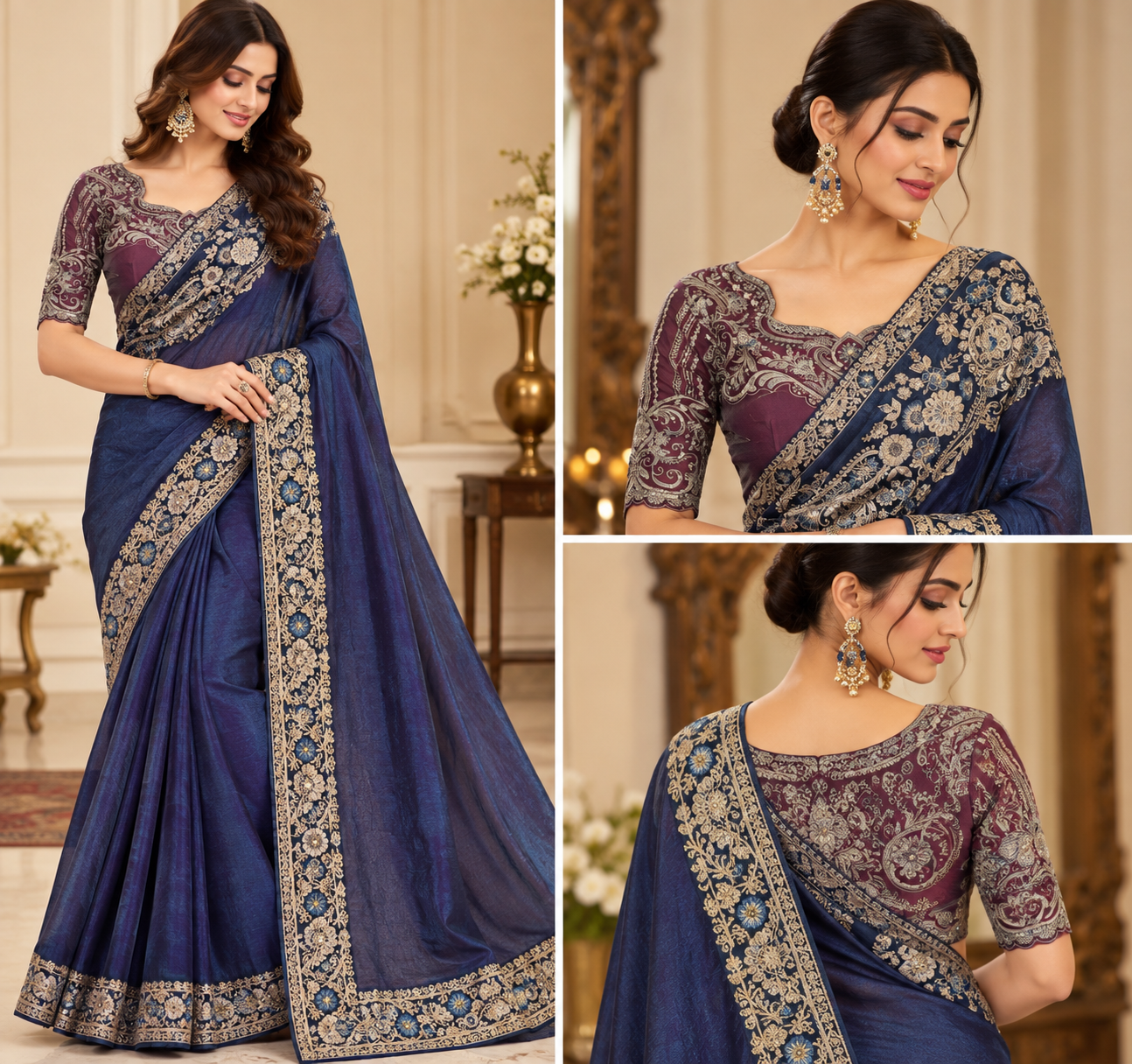 Model wearing royal navy blue designer saree with gold-toned floral embroidered border and matching embroidered blouse design.