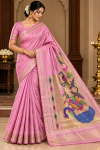 Blush pink Pure Silk Paithani saree with gold zari motifs and multicolour peacock pallu