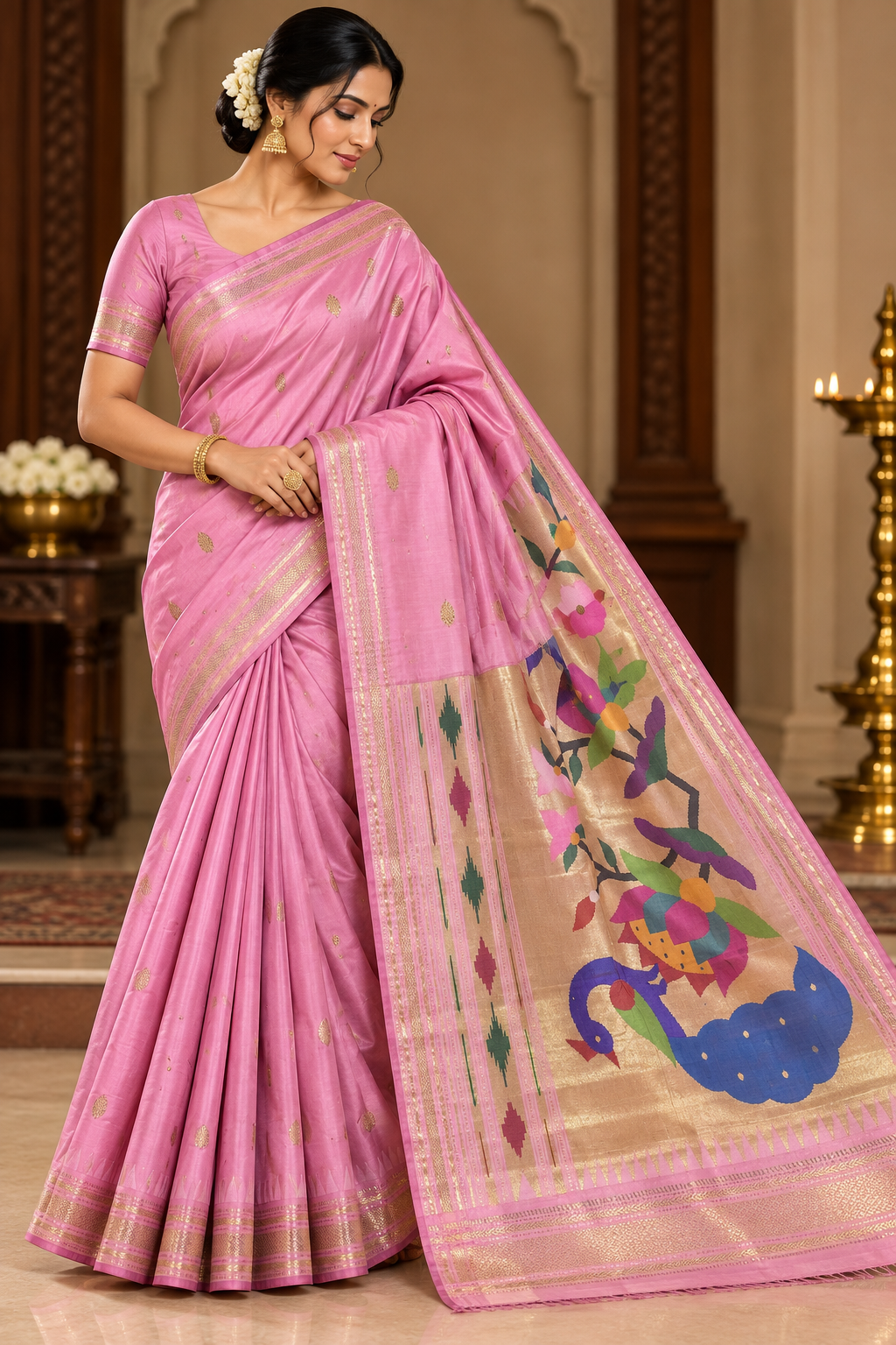 Blush pink Pure Silk Paithani saree with gold zari motifs and multicolour peacock pallu