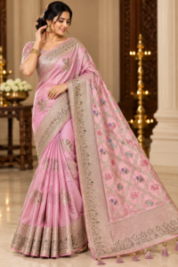 Baby Pink Fancy Silk Saree with zari weaving, stone work, multicolour motifs and ornate pallu