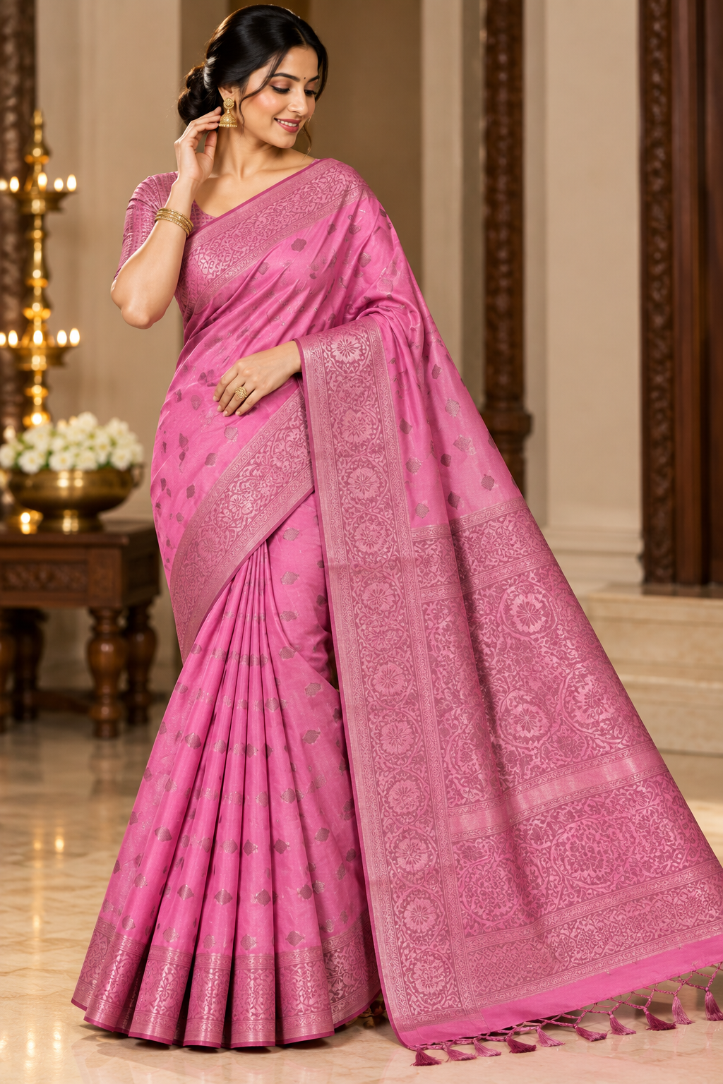 Blush Pink Fancy Silk Saree with zari leaf motifs, woven pallu and unstitched blouse material