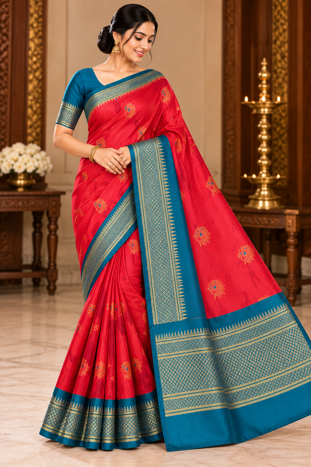 Red Semi Paithani Saree with teal blue contrast pallu, zari border and blouse material
