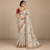 Model wearing a dusty rose brocade silk saree with embroidered bird motifs and a gold embellished scalloped border.