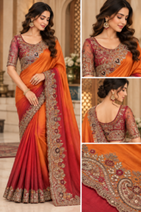 Model wearing orange and maroon embroidered designer saree with intricate floral sequin border from Godavari Designer Studio