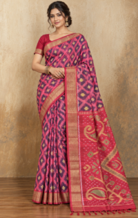 Model wearing a pink cotton semi Patola saree with a red patterned pallu and gold-toned border.