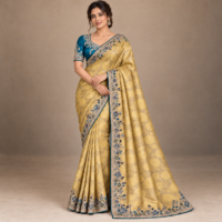 Model wearing a gold floral jacquard saree with a matching gold pallu, embroidered border and contrasting teal blouse.
