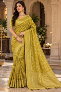 Mustard gold designer saree with floral zari woven motifs, rich golden pallu and matching unstitched blouse material