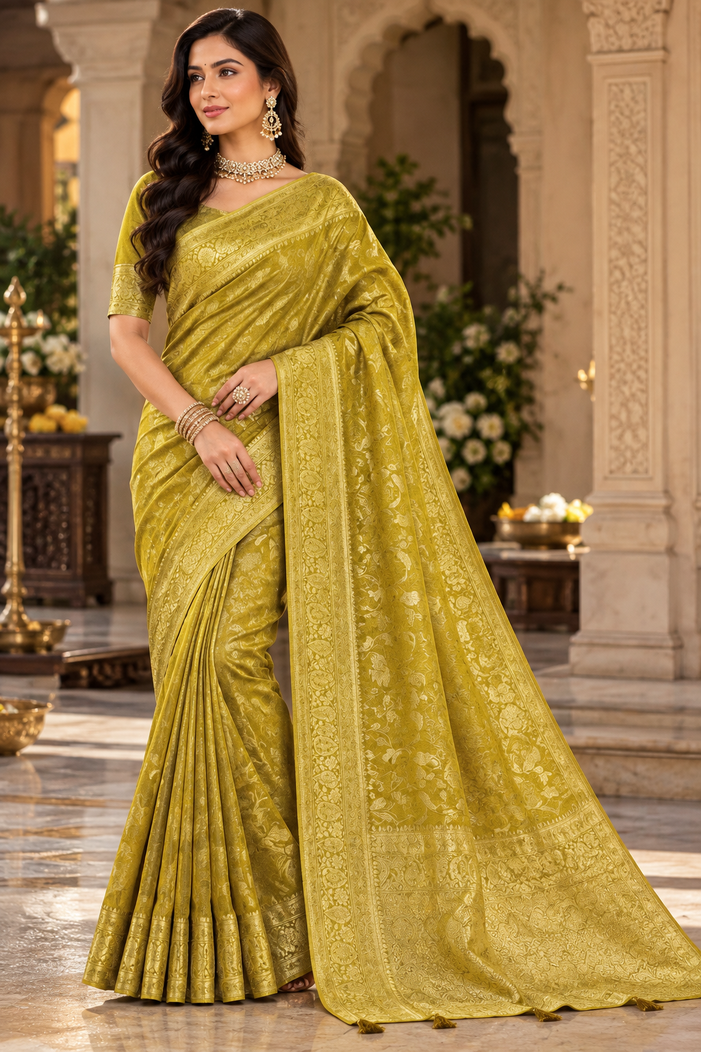Mustard gold designer saree with floral zari woven motifs, rich golden pallu and matching unstitched blouse material