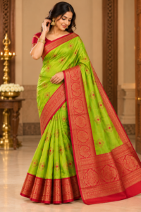 Kanjivaram semi silk saree with traditional motifs, zari border, contrast pallu and blouse material
