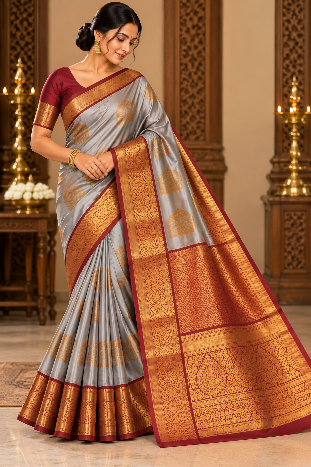Kanjivaram semi silk saree with traditional gold woven motifs, rich zari border and brocade blouse