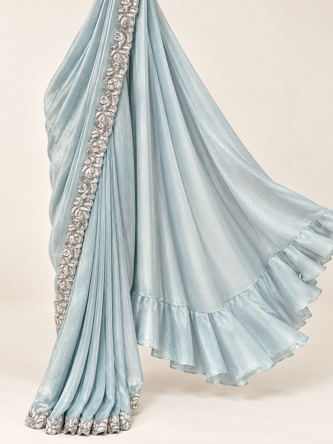 Ice Blue Ready-to-Wear Saree with Stitched Sequin Blouse - Image 5