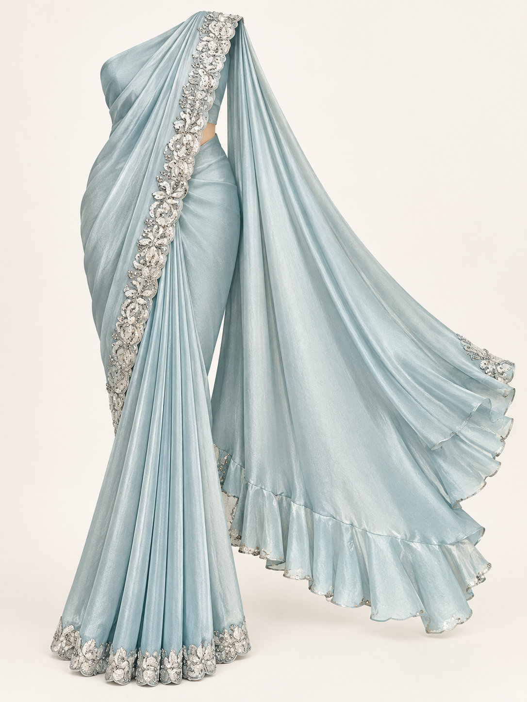 Ice Blue Ready-to-Wear Saree with Stitched Sequin Blouse - Image 4