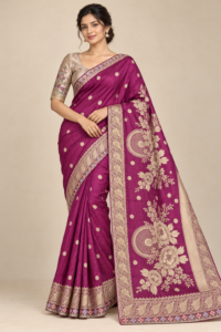 Magenta Dola silk saree with printed floral motifs, a decorative floral pallu, paisley border and contrasting champagne-beige blouse material.