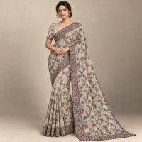 Model wearing a beige-grey georgette saree with colourful floral embroidery, an embroidered border and matching blouse.