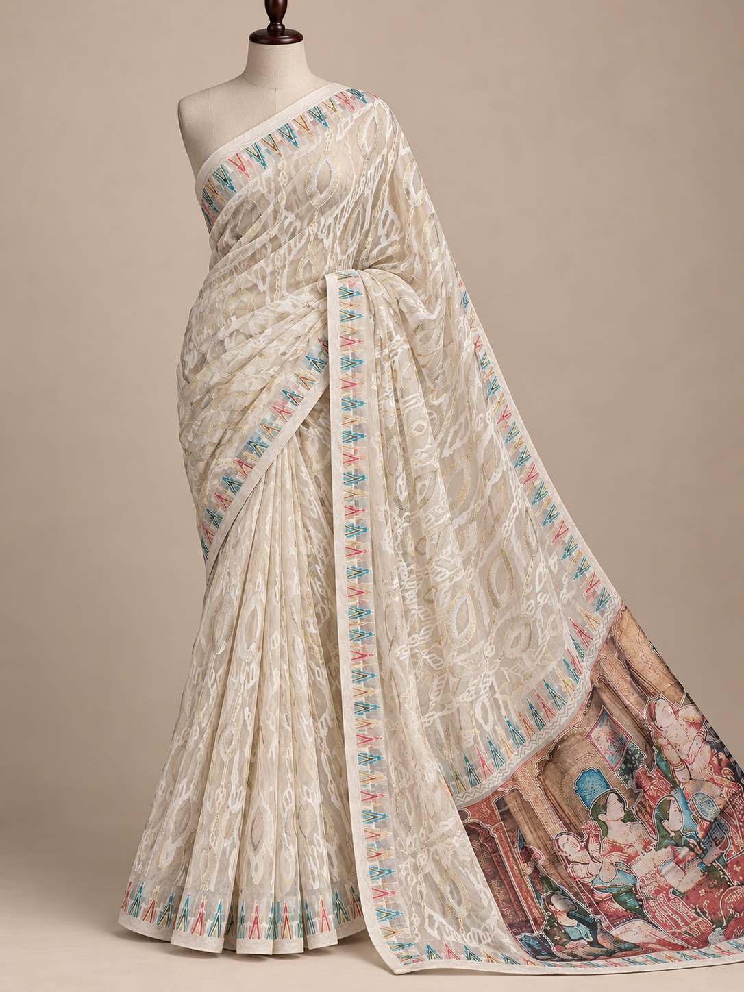 Pictorial Pallu Brasso Saree with Unstitched Blouse Material - Image 4