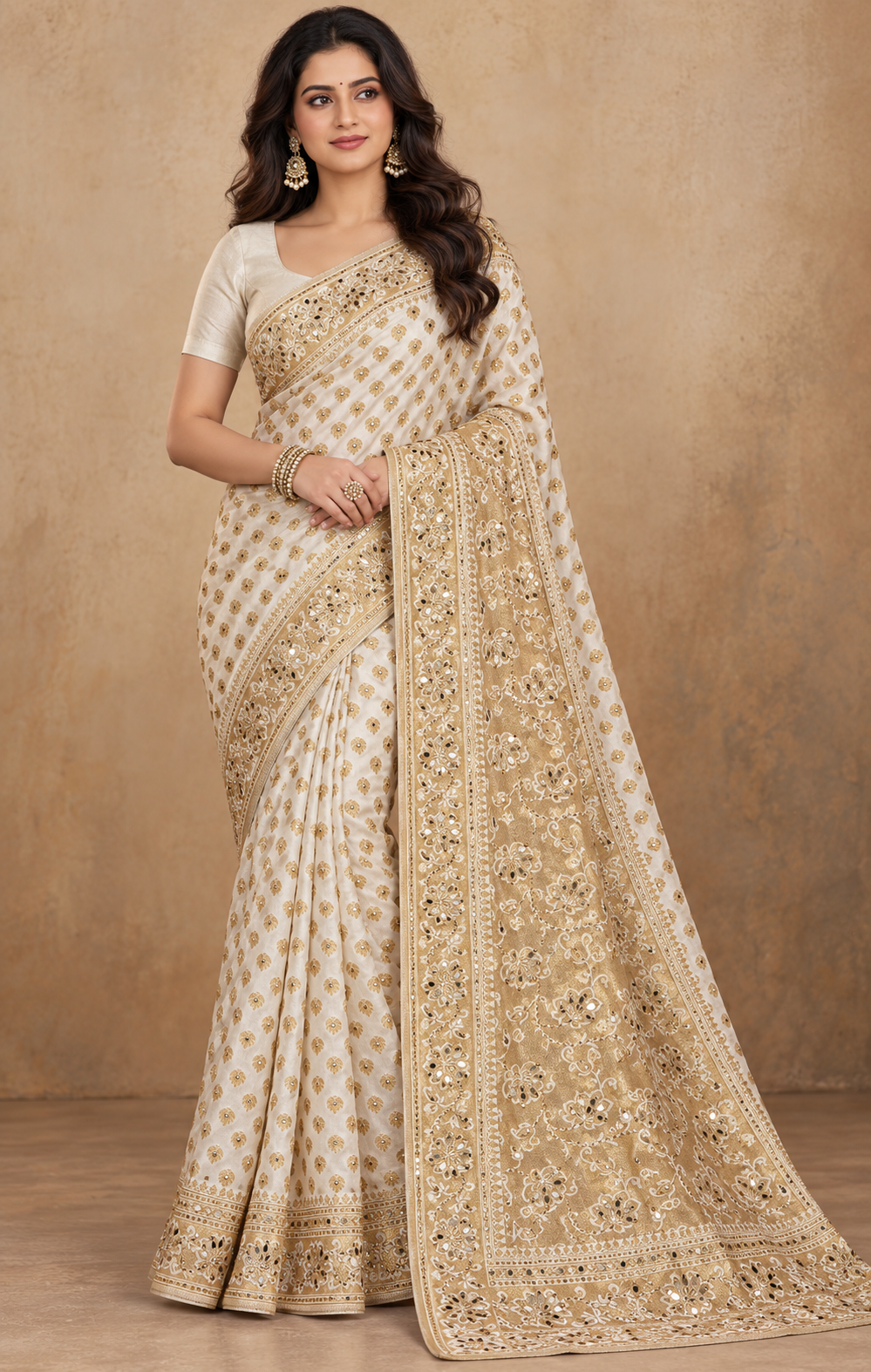 Model wearing an ivory Dola silk saree with gold floral motifs, pearl accents and a richly patterned gold pallu.