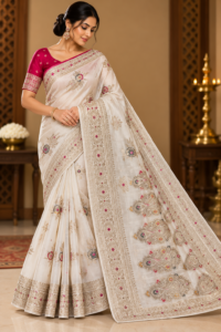 Ivory Dola Silk saree with fancy embellished pallu and contrast magenta blouse material