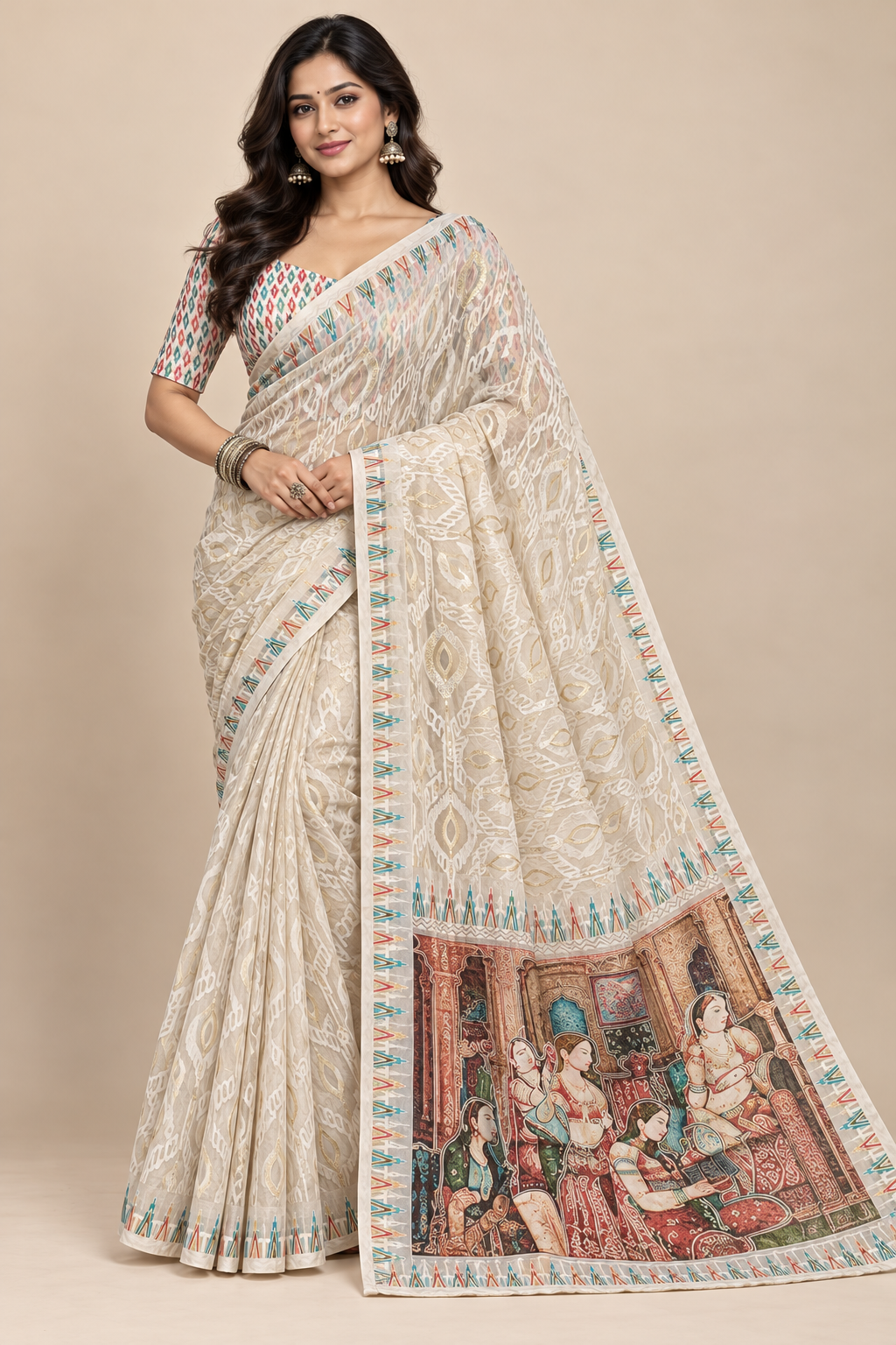 Model wearing an ivory braso saree with textured motifs, a multicolour border, and a pictorial pallu.