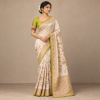 Model wearing an ivory-champagne Dola silk saree with gold floral motifs, lime-green edging and a contrasting worked blouse.