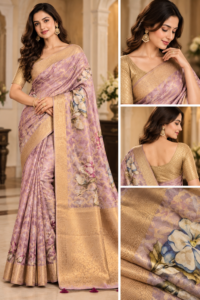 Model wearing lavender pink floral organza saree with golden zari border and floral pallu from Godavari Designer Studio