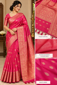 Purple Royal Blue Fancy Silk Saree with gold zari leaf motifs and floral border