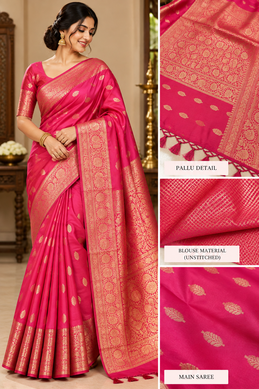 Purple Royal Blue Fancy Silk Saree with gold zari leaf motifs and floral border