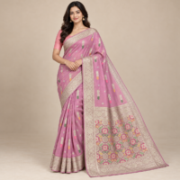Model wearing a mauve-pink saree with multicoloured woven motifs, a metallic border and floral brocade pallu.