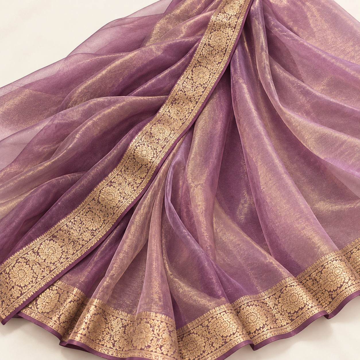 Organza Saree with Gold Floral Border and Patterned Blouse Material - Image 4