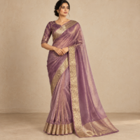 Model wearing a dusty mauve organza saree with a gold floral border and coordinating patterned plum blouse.