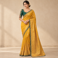 Model wearing a mustard-gold Dola silk saree with a woven border, green edging and a contrasting embroidered green blouse.