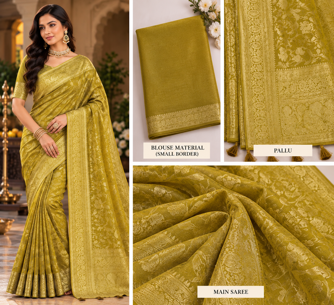 Royal Mustard Gold Zari Woven Organza Saree with Floral Motifs & Unstitched Blouse - Image 2